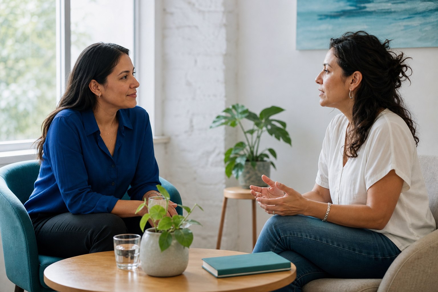 Dos mujeres conversando en un espacio de acompañamiento